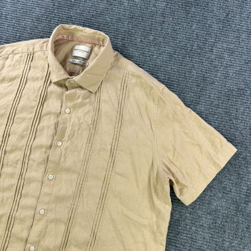 Scotch & Soda Relaxed Fit Linen Button Up Short Sleeve Shirt Tan Mens XXL Casual